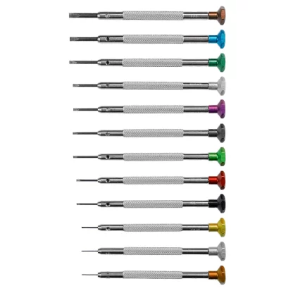 Tournevis d&#039;horloger SLICK corps en acier inox et têtes en aluminium éloxé hexagonal montés sur roulement à billes