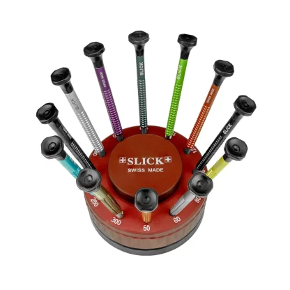 socle tournant slick avec 12 tournevis d'horloger en aluminium éloxé corps cannelés