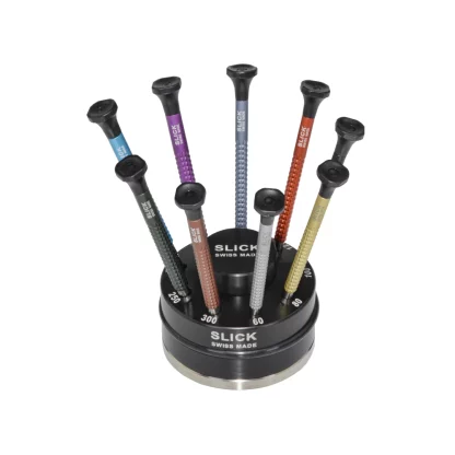 Socle tournant SLICK avec 6 tournevis d'horloger en aluminium éloxé Corps cannelés