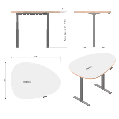 Table galet E-Pebble avec piètement électrique (dimensions)