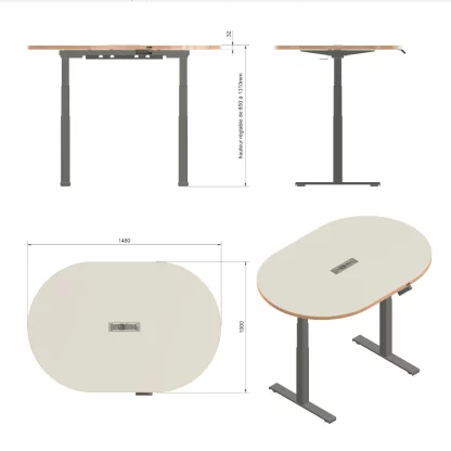 Table ovale E-Oval avec piètement électrique (dimensions)