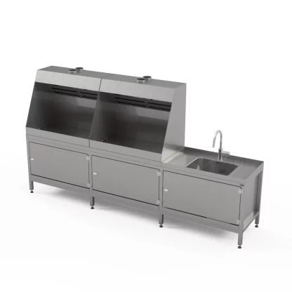 Hotte aspirante industrielle en acier inoxydable custom avec lavabo et armoires de stockage