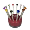 Socle tournant SLICK avec 12 tournevis d'horloger en acier inox avec têtes montées sur roulements à billes (vue fermé)